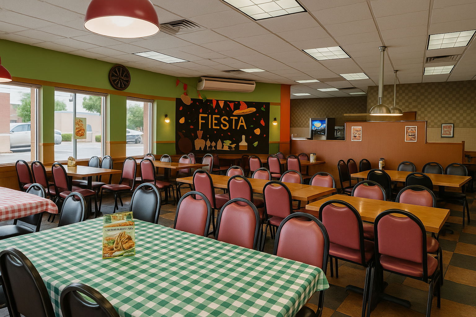 Interior del restaurante Cinco de Mayo con mesas listas